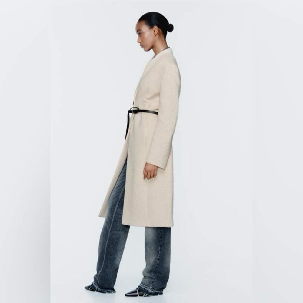 NWT Zara Wool Blend Coat With Leather Belt - Picture 5 of 13